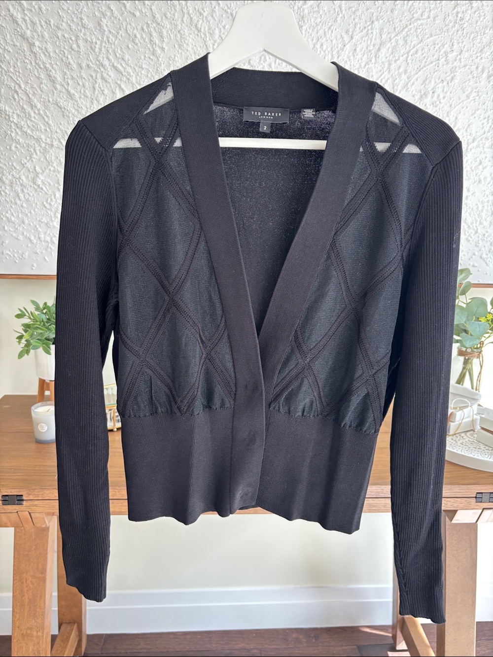Ted Baker Black Open-Front Mesh-Panel Cardigan